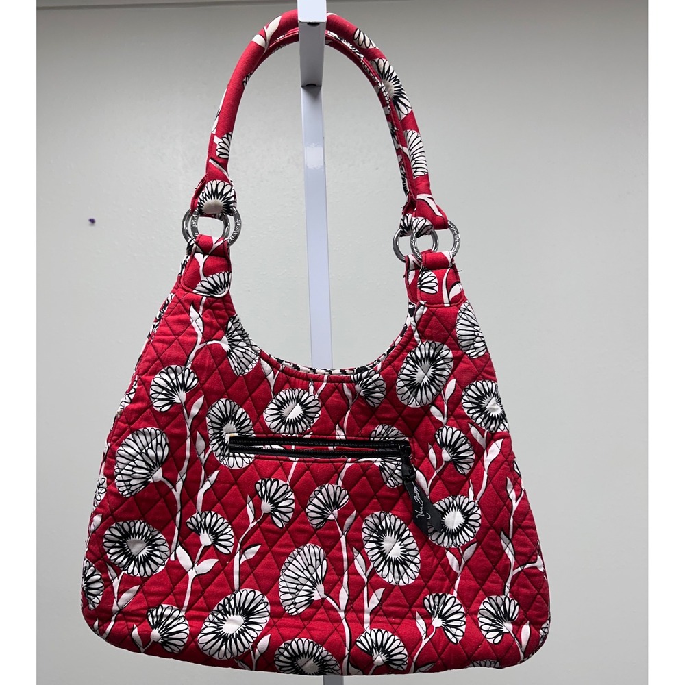 Vera Bradley Floral Quilted Shoulder Bag Hobo Purse Zip Pocket Red White